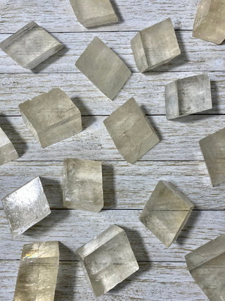 Yellow Optical Calcite Cubes from Curious Muse Crystals Tagged with calcite, clear, crystal, genuine crystal, optical calcite, raw, raw mineral, yellow