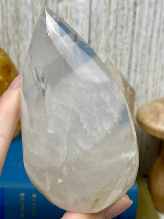 Girasol Quartz Flame | Smoky Gray Layering from Curious Muse Crystals Tagged with brazil, carving, clear, clear quartz, crystal, flame, girasol, hide-notify-btn, pink, polished, quartz, tower