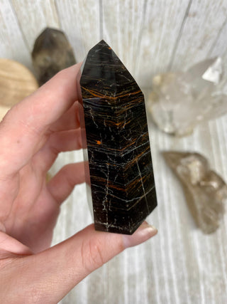 Black Tourmaline Polished Tower | Six Side Wide Base Obe from Curious Muse Crystals Tagged with black, black Tourmaline, brazil, crystal, Crystal tower, protection, schorl, tourmaline, tower