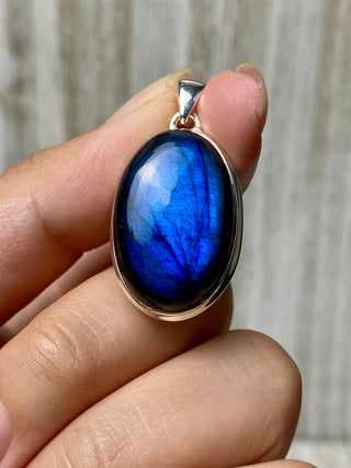 Blue Flash Labradorite in Sterling Silver Pendant from Curious Muse Crystals Tagged with big crystal necklace, blue, blue crystal jewelry, blue labradorite, crystal energy, Crystal Jewelry, full flash lab, Labradorite, Pendant, reiki healing, silver crystal jewel, Sterling, sterling silver