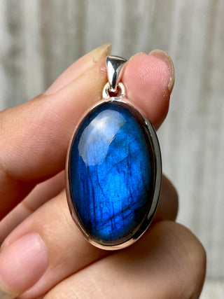 Blue Flash Labradorite in Sterling Silver Pendant from Curious Muse Crystals Tagged with big crystal necklace, blue, blue crystal jewelry, blue labradorite, crystal energy, Crystal Jewelry, full flash lab, Labradorite, Pendant, reiki healing, silver crystal jewel, Sterling, sterling silver