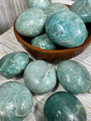 Amazonite Palm Stone from Curious Muse Crystals Tagged with amazonite, blue, carving, crystal, green, palm stone, palmstone, polished
