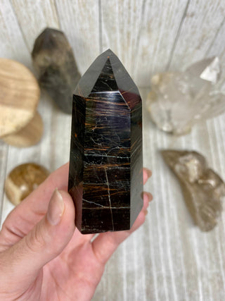 Black Tourmaline Polished Tower | Six Side Wide Base Obe from Curious Muse Crystals Tagged with black, black Tourmaline, brazil, crystal, Crystal tower, protection, schorl, tourmaline, tower