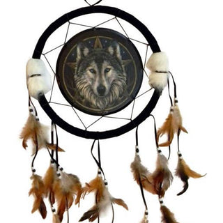 Wolf Art Dreamcatcher from Curious Muse Crystals Tagged with dreamcatcher, sacral chakra, sacred space, web catcher, wolf