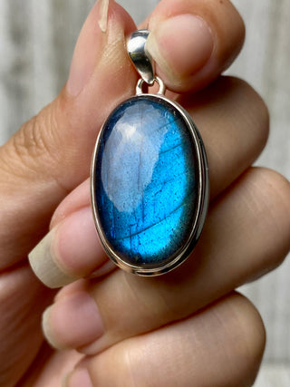 Blue Flash Labradorite in Sterling Silver Pendant from Curious Muse Crystals Tagged with big crystal necklace, blue, blue crystal jewelry, blue labradorite, crystal energy, Crystal Jewelry, full flash lab, Labradorite, Pendant, reiki healing, silver crystal jewel, Sterling, sterling silver