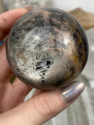 Black Moonstone Sphere | Flashy Orthoclase from Curious Muse Crystals Tagged with black, black moonstone, Crystal healing, genuine crystal, hide-notify-btn, moonstone, orthoclase, silver, sphere