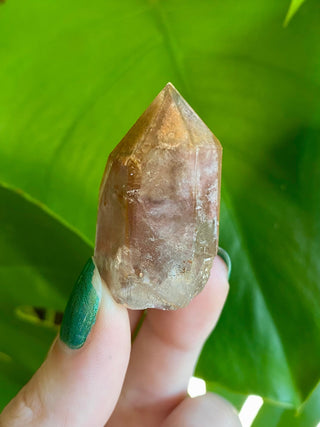 Dreamcoat Lemurian Generator - Polished Brazilian Tower Crystal from Curious Muse Crystals Tagged with clear, clear brazil quartz, dreamcoat lemurian, goethite rutile, hematite amethyst, hide-notify-btn, lemurian, lemurian generator, lemurian seed, polished, purple, red, secondary growth, super seven, synergy seven, tower, yellow