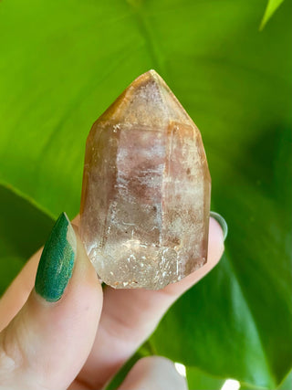 Dreamcoat Lemurian Generator - Polished Brazilian Tower Crystal from Curious Muse Crystals Tagged with clear, clear brazil quartz, dreamcoat lemurian, goethite rutile, hematite amethyst, hide-notify-btn, lemurian, lemurian generator, lemurian seed, polished, purple, red, secondary growth, super seven, synergy seven, tower, yellow