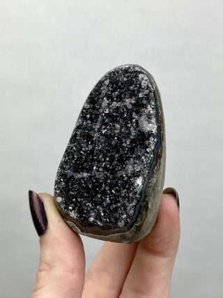 Black Galaxy Amethyst Cut Base | Brazil from Curious Muse Crystals Tagged with amethyst, black, cut base amethyst, extra dark amethyst, goethite amethyst, hematite amethyst, hide-notify-btn, purple, raw, unique amethyst