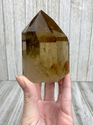 Citrine Tower from Brazil with Green Tourmaline | Polished Crystal Obelisk from Curious Muse Crystals Tagged with brazil, citrine, Crystal healing, genuine crystal, natural citrine, solar plexus chakra, tower, yellow
