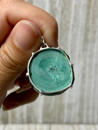 Malachite Slice in Sterling Silver Pendant from Curious Muse Crystals Tagged with copper malachite, green, hide-notify-btn, malachite, necklace, Pendant, sterling silver