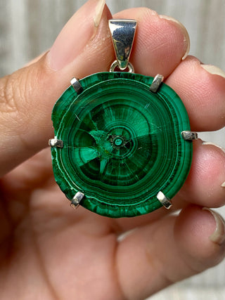 Malachite Slice in Sterling Silver Pendant from Curious Muse Crystals Tagged with copper malachite, green, hide-notify-btn, malachite, necklace, Pendant, sterling silver