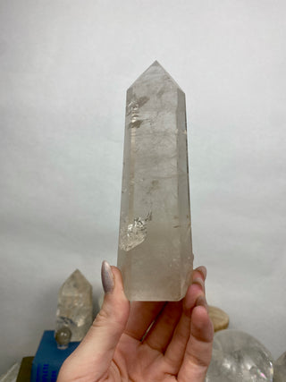 Lemurian Quartz Polished Tower | Wispy Inclusions | Six Side Generator from Curious Muse Crystals Tagged with clear, clear brazil quartz, clear quartz, Crown crystal, hide-notify-btn, lemurian, lemurian generator, Lemurian Quartz, lemurian seed, quartz, rainbow, sunset mine, tower