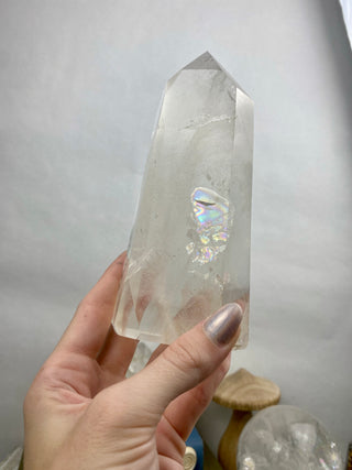 Lemurian Quartz Polished Tower | Rainbow Inclusions | Six Side Generator from Curious Muse Crystals Tagged with clear, clear brazil quartz, clear quartz, Crown crystal, hide-notify-btn, lemurian, lemurian generator, Lemurian Quartz, lemurian seed, quartz, rainbow, sunset mine, tower