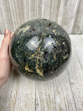 Green Ocean Jasper Sphere XL with Raw Pockets | Madagascar from Curious Muse Crystals Tagged with carving, crystal sphere, green, hide-notify-btn, jasper, ocean jasper, Orbicular jasper, polished, sphere