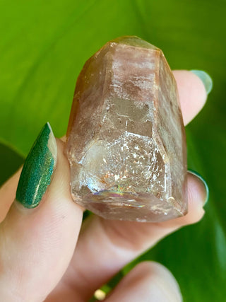 Dreamcoat Lemurian Generator - Polished Brazilian Tower Crystal from Curious Muse Crystals Tagged with clear, clear brazil quartz, dreamcoat lemurian, goethite rutile, hematite amethyst, hide-notify-btn, lemurian, lemurian generator, lemurian seed, polished, purple, red, secondary growth, super seven, synergy seven, tower, yellow