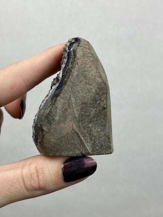 Black Galaxy Amethyst Cut Base | Brazil from Curious Muse Crystals Tagged with amethyst, black, cut base amethyst, extra dark amethyst, goethite amethyst, hematite amethyst, hide-notify-btn, purple, raw, unique amethyst