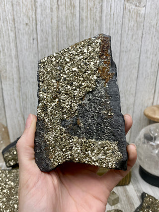 Pyrite on Shungite Raw Layered Plate | Brazil from Curious Muse Crystals Tagged with abundance, black, brazil, cleansing, gold, manifestation, purification, pyrite, shungite
