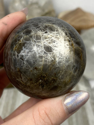 Black Moonstone Sphere | Flashy Orthoclase from Curious Muse Crystals Tagged with black, black moonstone, Crystal healing, genuine crystal, hide-notify-btn, moonstone, orthoclase, silver, sphere