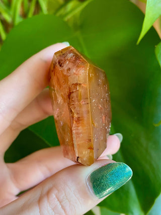 Dreamcoat Lemurian Generator - Polished Brazilian Tower Crystal from Curious Muse Crystals Tagged with clear, clear brazil quartz, dreamcoat lemurian, goethite rutile, hematite amethyst, hide-notify-btn, lemurian, lemurian generator, lemurian seed, polished, purple, red, secondary growth, super seven, synergy seven, tower, yellow