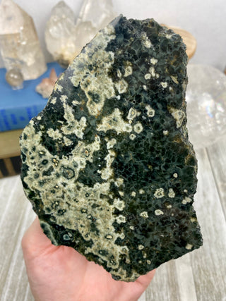 Ocean Jasper Slab from Curious Muse Crystals Tagged with Crystal healing, drusy pocket, hide-notify-btn, jasper, Madagascar mineral, mineral collection, natural mineral, ocean jasper, Orbicular jasper, peace and calming, purple, reiki healing, slab, white