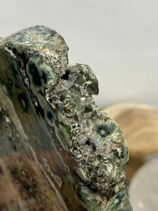 Ocean Jasper Slab from Curious Muse Crystals Tagged with Crystal healing, drusy pocket, hide-notify-btn, jasper, Madagascar mineral, mineral collection, natural mineral, ocean jasper, Orbicular jasper, peace and calming, purple, reiki healing, slab, white