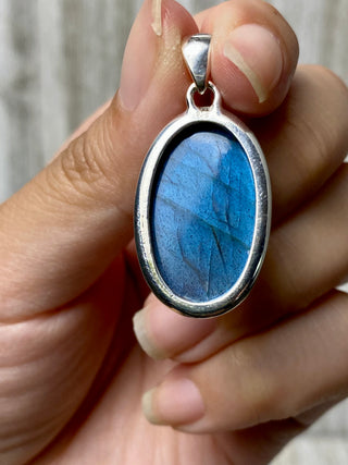 Blue Flash Labradorite in Sterling Silver Pendant from Curious Muse Crystals Tagged with big crystal necklace, blue, blue crystal jewelry, blue labradorite, crystal energy, Crystal Jewelry, full flash lab, Labradorite, Pendant, reiki healing, silver crystal jewel, Sterling, sterling silver