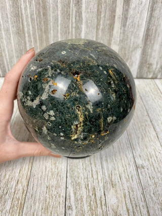 Green Ocean Jasper Sphere XL with Raw Pockets | Madagascar from Curious Muse Crystals Tagged with carving, crystal sphere, green, hide-notify-btn, jasper, ocean jasper, Orbicular jasper, polished, sphere