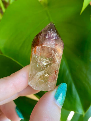 Dreamcoat Lemurian Generator - Polished Brazilian Tower Crystal from Curious Muse Crystals Tagged with clear, clear brazil quartz, dreamcoat lemurian, goethite rutile, hematite amethyst, hide-notify-btn, lemurian, lemurian generator, lemurian seed, polished, purple, red, secondary growth, super seven, synergy seven, tower, yellow