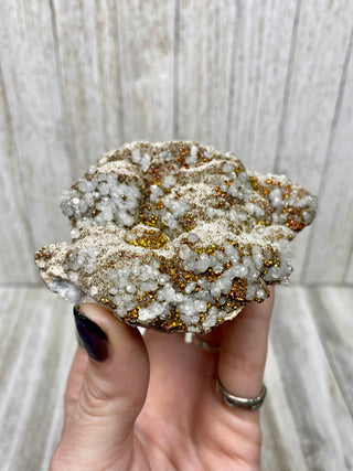 Calcite with Chalcopyrite | Cozamin Mine, Zacatecas, Mexico from Curious Muse Crystals Tagged with calcite, chalcopyrite, clear, fine mineral, gold, hide-notify-btn, mexico, raw