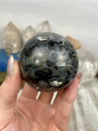 Larvikite Sphere from Curious Muse Crystals Tagged with black, crystal sphere, Feldspar, Grey, larvikite, sphere