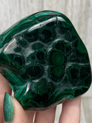 Malachite High Grade Polished Chunk from Curious Muse Crystals Tagged with Copper Stone, Crystal Healing, Dark Green Stone, Genuine Crystal, green, Hearth Chakra, hide-notify-btn, high grade, Malachite, Manifestation, Mineral Collection, Natural Mineral, polished, Raw Mineral