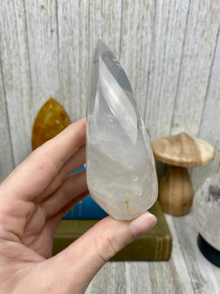 Girasol Quartz Flame | Smoky Gray Layering from Curious Muse Crystals Tagged with brazil, carving, clear, clear quartz, crystal, flame, girasol, hide-notify-btn, pink, polished, quartz, tower