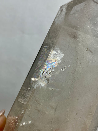 Lemurian Quartz Polished Tower | Rainbow Inclusions | Six Side Generator from Curious Muse Crystals Tagged with clear, clear brazil quartz, clear quartz, Crown crystal, hide-notify-btn, lemurian, lemurian generator, Lemurian Quartz, lemurian seed, quartz, rainbow, sunset mine, tower