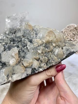 Apophyllite on Chalcedony with Tan Inclusions | India from Curious Muse Crystals Tagged with apophyllite, chalcedony, clear, hide-notify-btn, raw, raw mineral, zeolite
