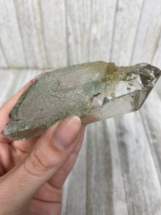 Nirvana Quartz with Green Chlorite Double Terminated Point | High-Altitude Himalayan Crystal from Curious Muse Crystals Tagged with chlorite inclusion, clear, green, green Quartz, hand mined crystal, hide-notify-btn, high altitude quartz, High vibration stone, Himalayan Quartz, manifesting Quartz, Nirvana Quartz