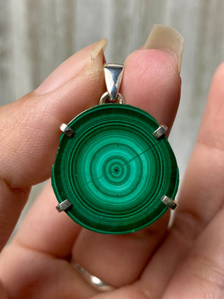 Malachite Slice in Sterling Silver Pendant from Curious Muse Crystals Tagged with copper malachite, green, hide-notify-btn, malachite, necklace, Pendant, sterling silver