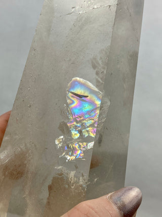 Lemurian Quartz Polished Tower | Rainbow Inclusions | Six Side Generator from Curious Muse Crystals Tagged with clear, clear brazil quartz, clear quartz, Crown crystal, hide-notify-btn, lemurian, lemurian generator, Lemurian Quartz, lemurian seed, quartz, rainbow, sunset mine, tower