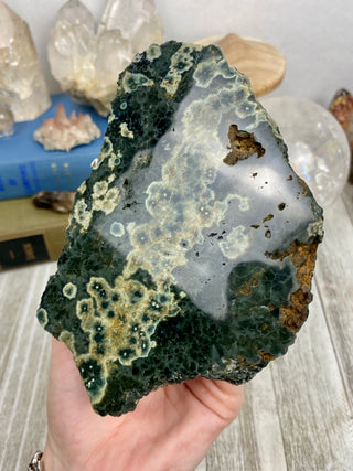 Ocean Jasper Slab from Curious Muse Crystals Tagged with Crystal healing, drusy pocket, hide-notify-btn, jasper, Madagascar mineral, mineral collection, natural mineral, ocean jasper, Orbicular jasper, peace and calming, purple, reiki healing, slab, white