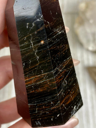 Black Tourmaline Polished Tower | Six Side Wide Base Obe from Curious Muse Crystals Tagged with black, black Tourmaline, brazil, crystal, Crystal tower, protection, schorl, tourmaline, tower