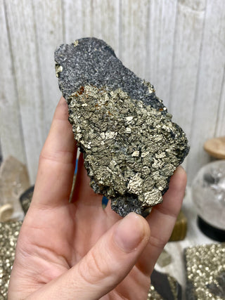 Pyrite on Shungite Raw Layered Plate | Brazil from Curious Muse Crystals Tagged with abundance, black, brazil, cleansing, gold, manifestation, purification, pyrite, shungite