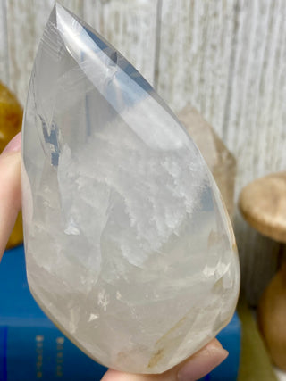 Girasol Quartz Flame | Smoky Gray Layering from Curious Muse Crystals Tagged with brazil, carving, clear, clear quartz, crystal, flame, girasol, hide-notify-btn, pink, polished, quartz, tower