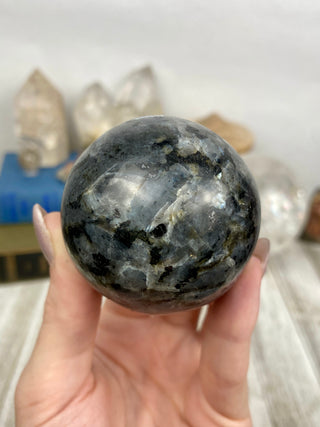 Larvikite Sphere from Curious Muse Crystals Tagged with black, crystal sphere, Feldspar, Grey, larvikite, sphere