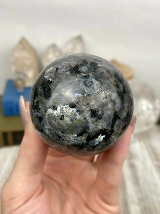 Larvikite Sphere from Curious Muse Crystals Tagged with black, crystal sphere, Feldspar, Grey, larvikite, sphere