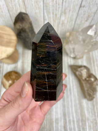 Black Tourmaline Polished Tower | Six Side Wide Base Obe from Curious Muse Crystals Tagged with black, black Tourmaline, brazil, crystal, Crystal tower, protection, schorl, tourmaline, tower