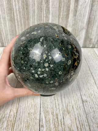 Green Ocean Jasper Sphere XL with Raw Pockets | Madagascar from Curious Muse Crystals Tagged with carving, crystal sphere, green, jasper, ocean jasper, Orbicular jasper, polished, sphere