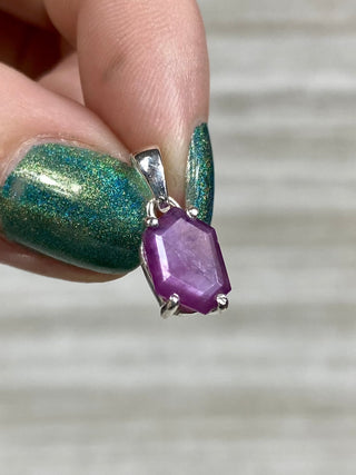Ruby Facet in Sterling Silver Pendant from Curious Muse Crystals Tagged with asterism, corundum, crystal healing, Crystal Jewelry, energy work, hide-notify-btn, pink, red, ruby, Sterling, sterling silver