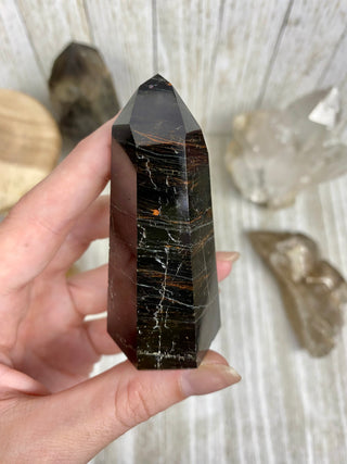 Black Tourmaline Polished Tower | Six Side Wide Base Obe from Curious Muse Crystals Tagged with black, black Tourmaline, brazil, crystal, Crystal tower, protection, schorl, tourmaline, tower