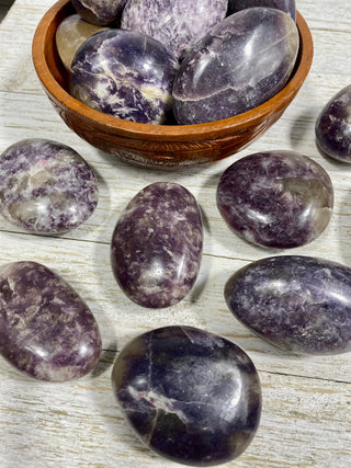 Lepidolite with Citrine Palm Stone from Curious Muse Crystals Tagged with carving, citrine, crystal, lepidolite, palm stone, palmstone, polished, purple