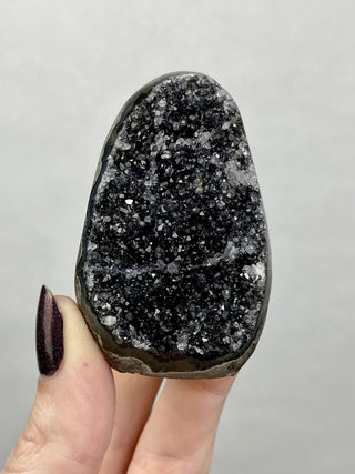 Black Galaxy Amethyst Cut Base | Brazil from Curious Muse Crystals Tagged with amethyst, black, cut base amethyst, extra dark amethyst, goethite amethyst, hematite amethyst, hide-notify-btn, purple, raw, unique amethyst